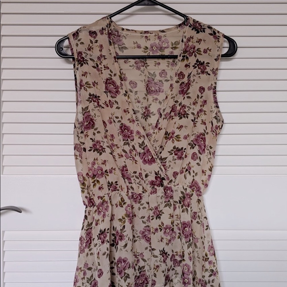 Tan and purple floral blouse